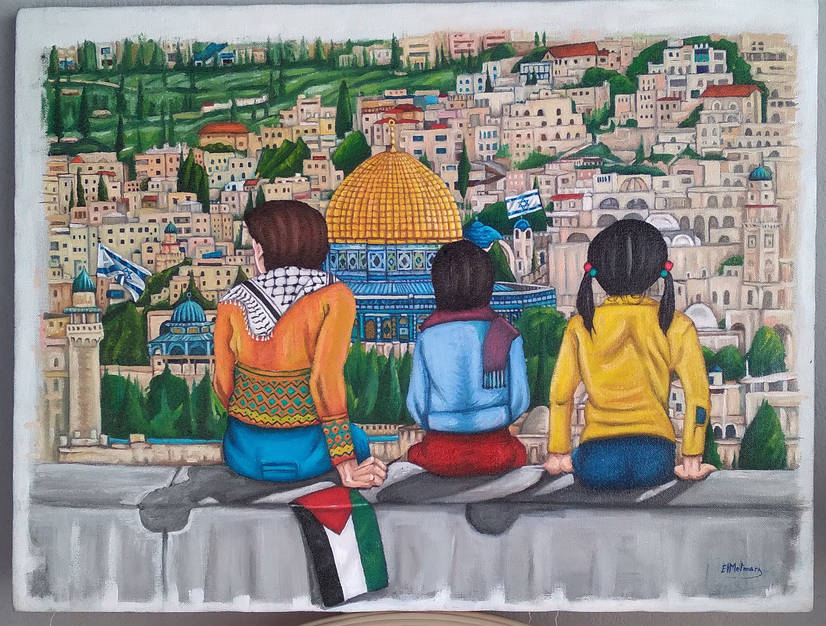 Three children, one wearing a keffiyeh and holding a Palestinian flag, sit on a wall overlooking a city. They wear bright clothing. There are Israeli flags in the background. 